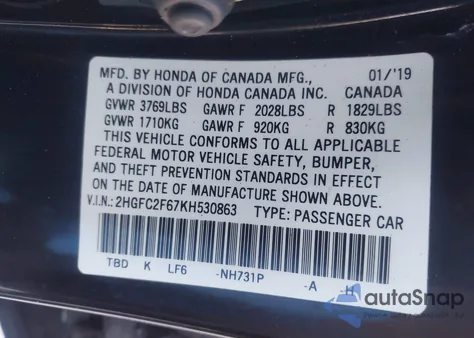 2019 Honda Civic Lx from USA, damaged, VIN 2HGFC2F67KH530863